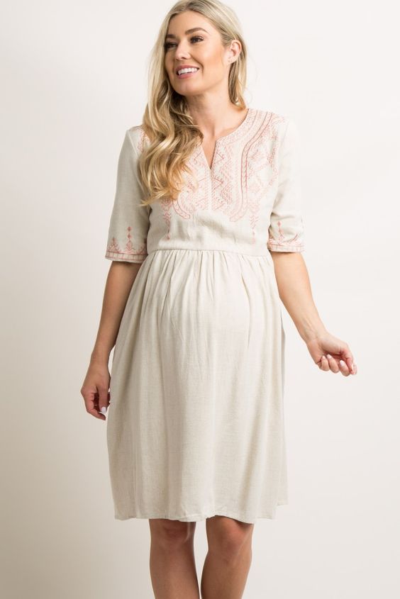 Embroidered Pattern Maternity Linen Dress